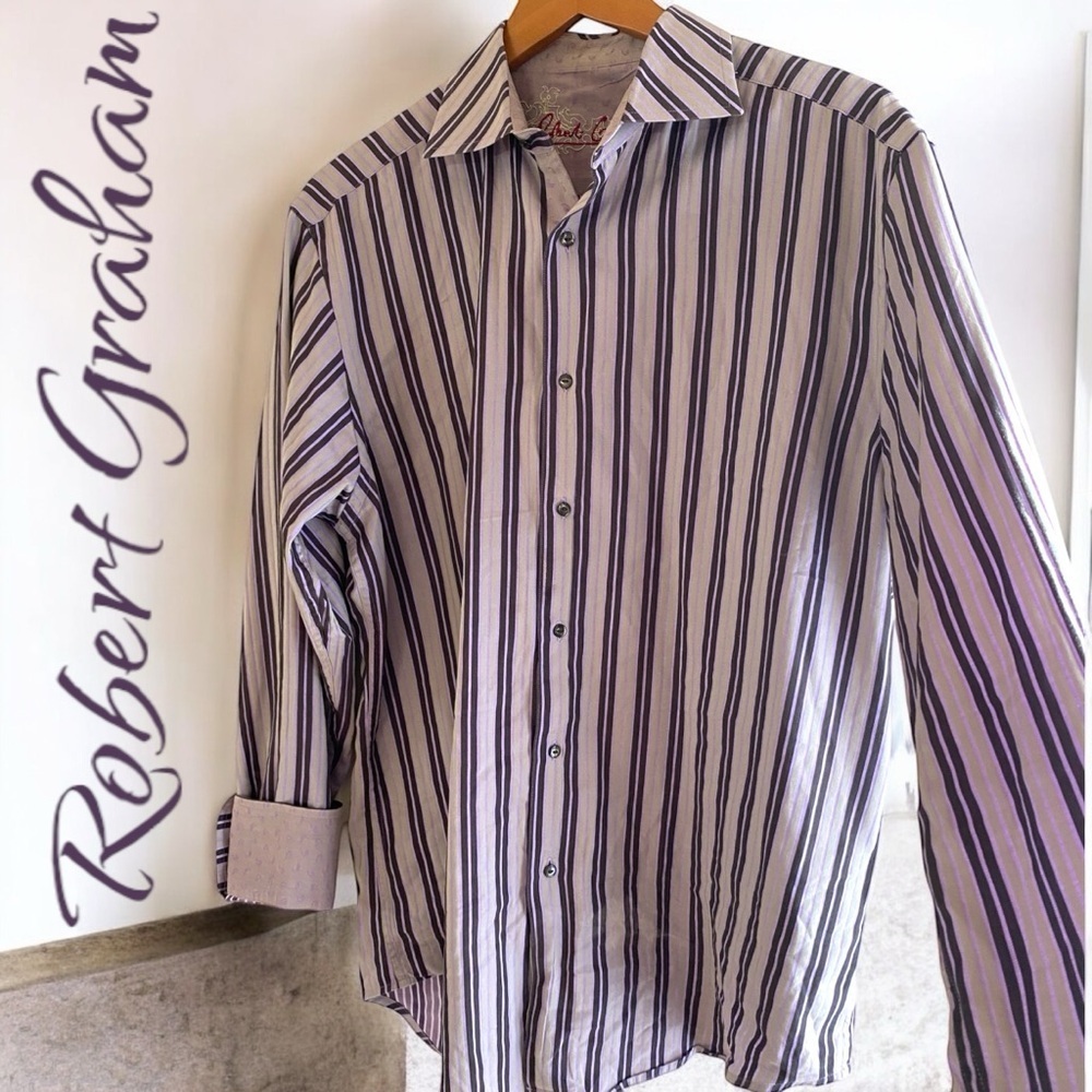 Robert Graham-Large button down. Gray/purple/ lime green. Flip cuff paisley. EUC